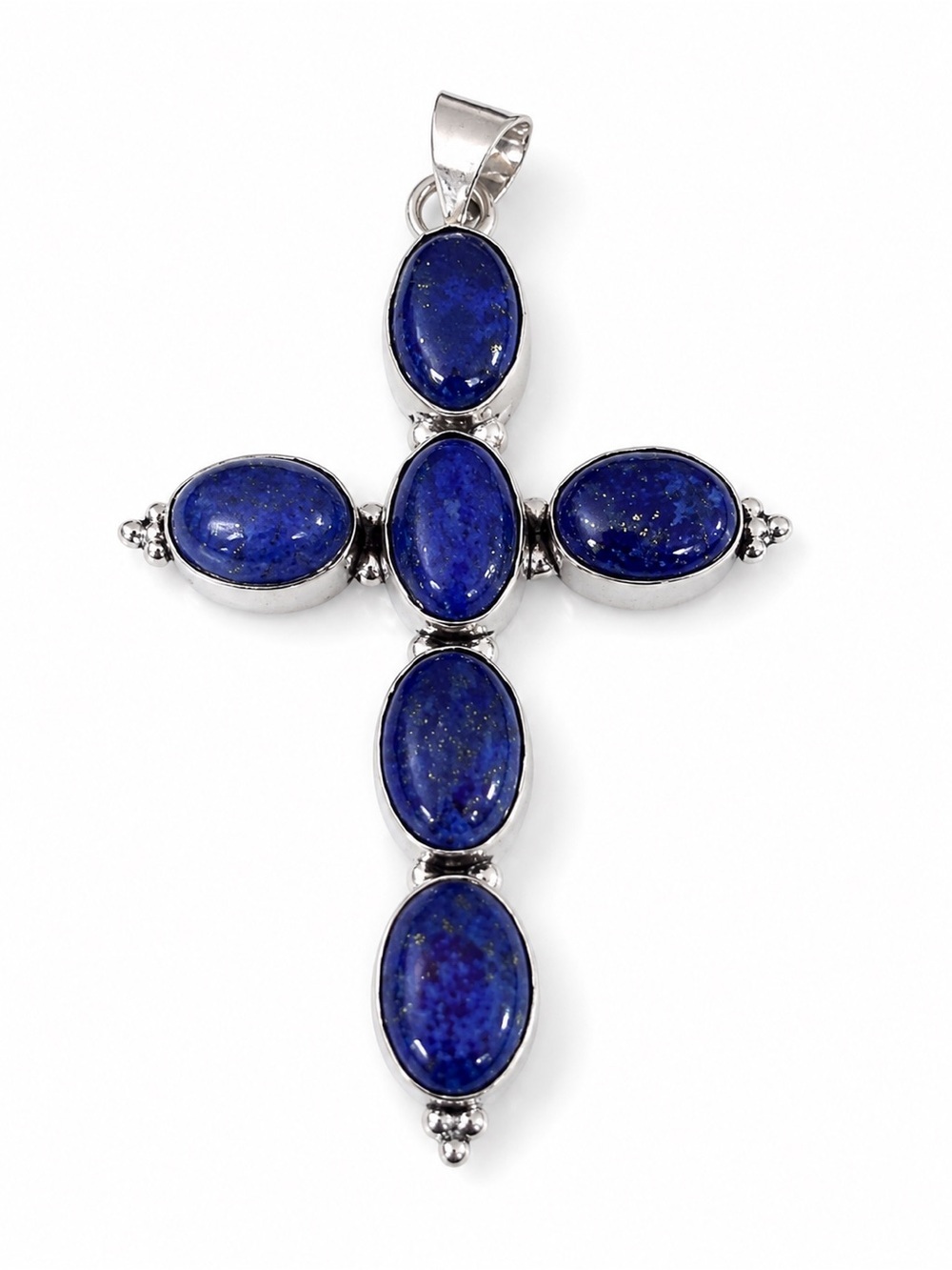 Lapis Lazuli Cross Pendant Necklace - Deep Blue Silver Setting 1 3/4”